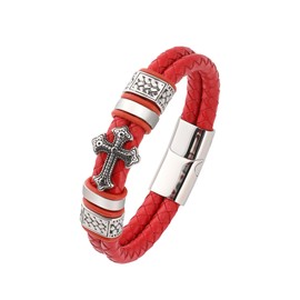 Edulex Mens Cuff Cross Christian Bracelet - Silver 316L Stainless Steel Religious Red Leather Bracelets for Men - Row Punk Jewelry