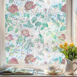DARUITE Stained Glass Window Film, Rainbow Effect Rose Pattern Decorative Window Films, Anti UV Static Privacy Film for Glass Windows for Home Office, 30 x 100cm