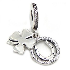 ICYROSE Solid 925 Sterling Silver Dangling Horseshoe w/Crystal CZ & Four Leaf Clover Charm Bead for Snake Chain Bracelets 850