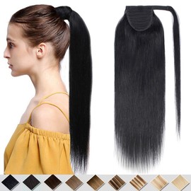 22" Ponytail Hair Extension Human Hair #01 Jet Black 100% Real Remy Hair Wrap Around Clip in Ponytail Straight