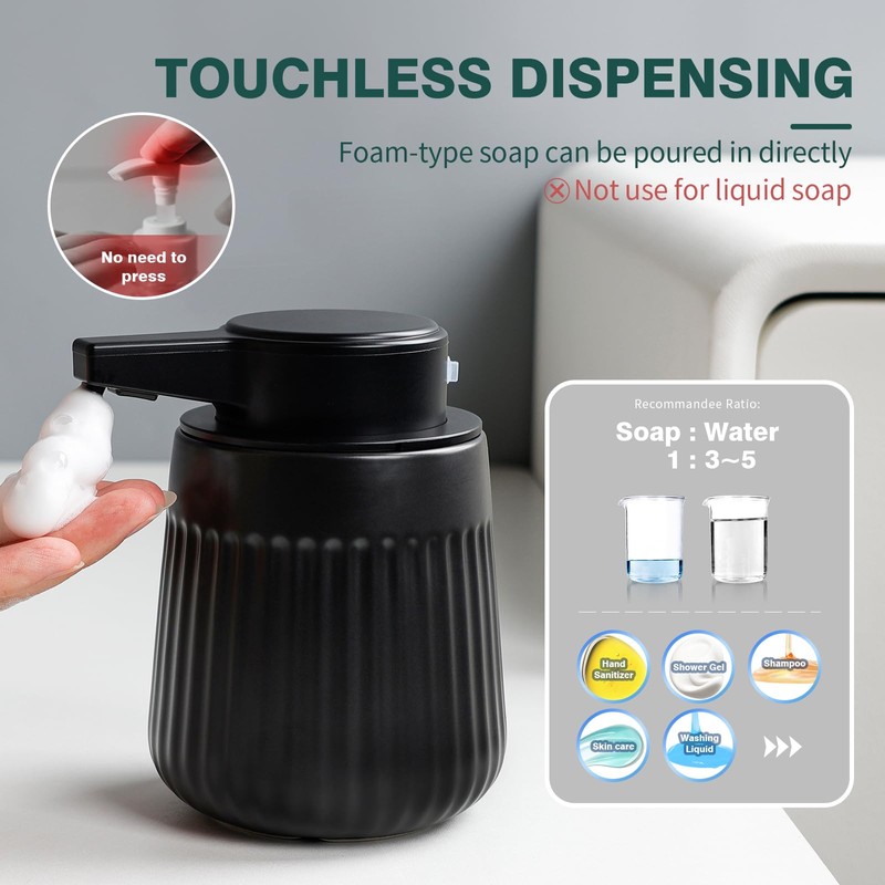BosilunLife Ceramic Automatic Soap Dispenser,3 Adjustable Levels,Black,10oz