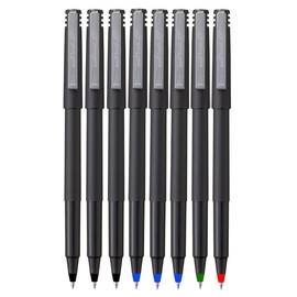 Uni-ball Roller Rollerball Pens, Micro Point (0.5mm), Assorted Colors, Black/Blue/Red/Green Ink, 8 Count, Bundle with Plastic Reusable Pouch