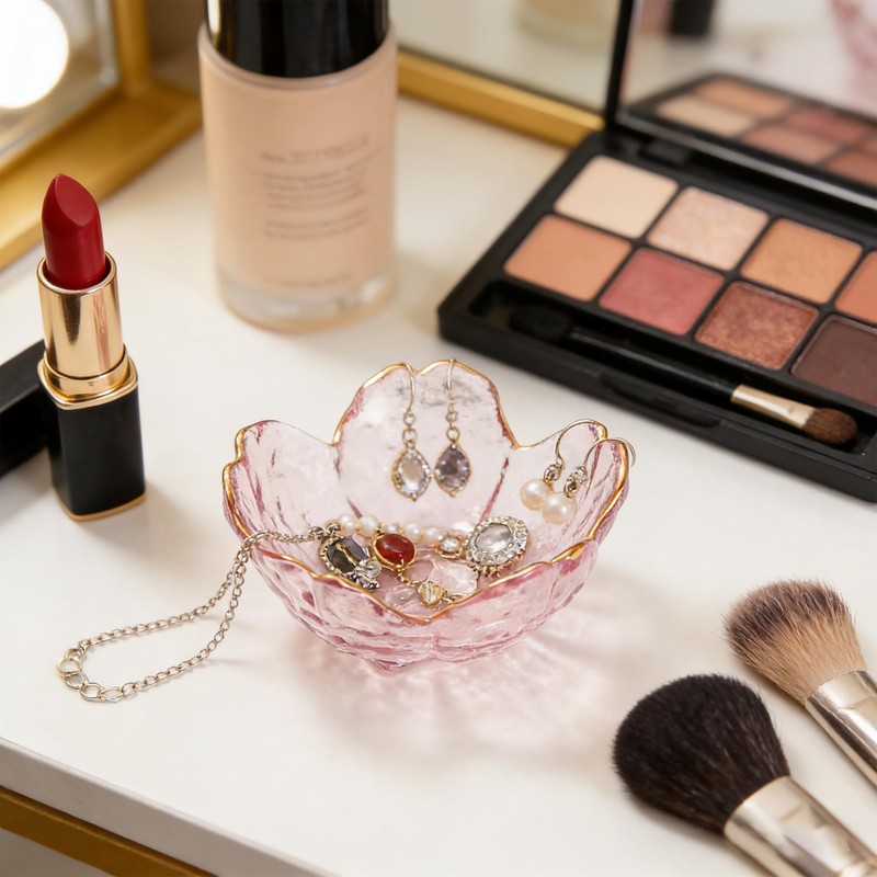 Golden-edged pink Flower Glass Ring Dish, Jewelry Tray Ring Holder