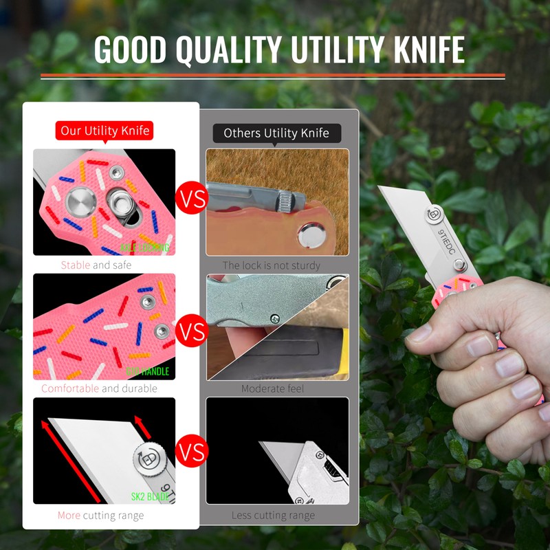 9TiEDC Folding Utility Knife,G10 Handle Heavy Duty Safety box cutter,Razor