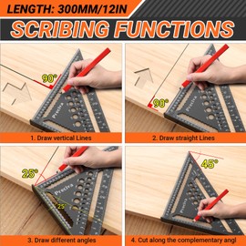 Speed Square, Preciva 12inch/300mm Set Square, Triangle Ruler with 17 Types of Drill Holes, Multifunctional Aluminum Alloy Carpenters Tools Can Drawing Angles, Positioning of Drilled Holes etc