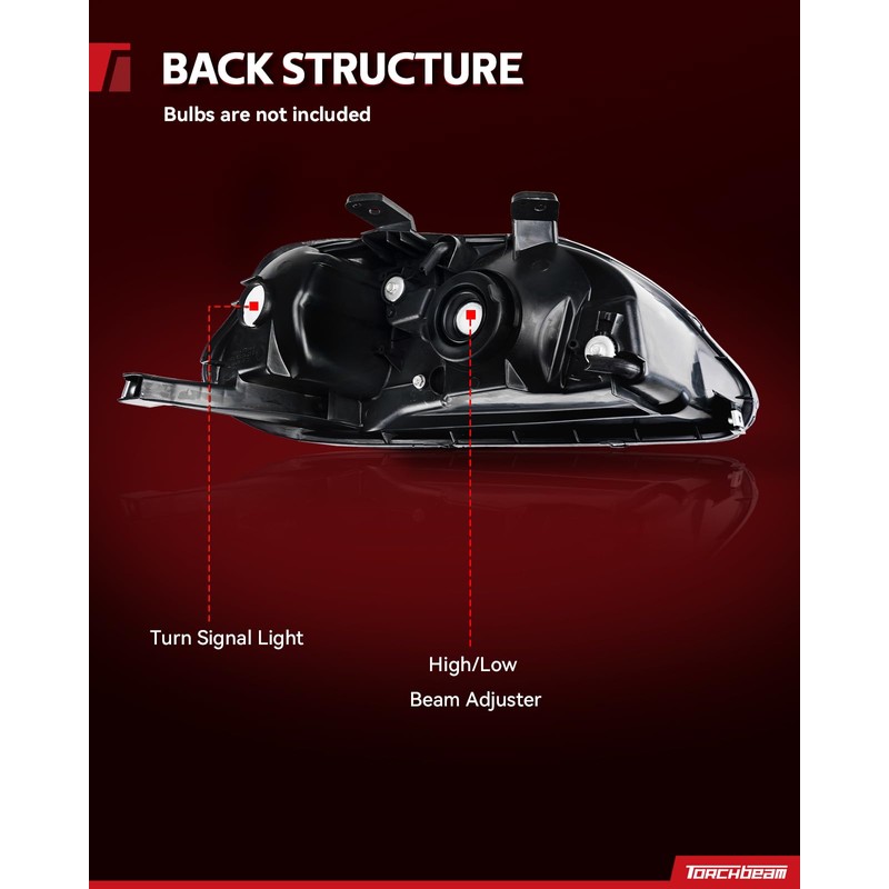 Torchbeam Headlight Assembly, Replacement for Civic 1999-2000, Bumper Headlamp Black