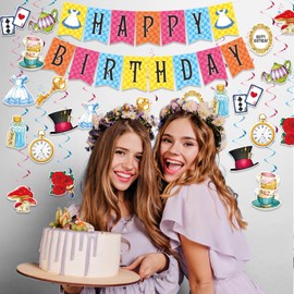 45Pcs Wonderland Party Decorations, Tea Party Decorations include Happy Birthday Banner and Wonderland Party Supplies Hanging Swirls, Wonderland Baby Shower Banner Foil Ceiling Swirls for Birthday