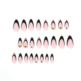 QQPPOLIU Medium Press on Nails Almond Shape Hot Pink Acrylic Nails Black French Tip Fake Nails with Rhinestones Design Nails for Girls Gift