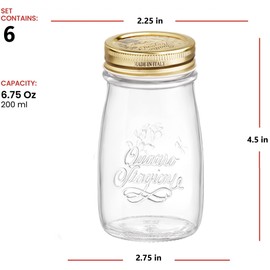 Bormioli Rocco Quattro Stagioni, Set Of 6, Glass Canning Mason Jars And Drinking Bottles, 6.75 Oz. With Gold Metal Airtight Lids, Made In Italy.
