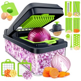 SpaceHacks 12-in-1 Vegetable Chopper, Kitchen Gadgets with 7 Blades, Veggie, Food, Onion Chopper, Cucumber Slicer, Versatile Mandoline, Includes Egg Separator & Finger Guard, Green