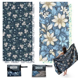 2 Pack Microfibre Beach Towels for Adults, 180 × 90 cm Quick Dry Beach Towel with Double Side Print, Lightweight Beach Towel with Net Bag, Sand Free Microfiber Towels (Flower Sea and Little Flower)