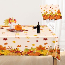 Sundonix Thanksgiving Tablecloth Plastic Disposable - Fall Rectangular Paper Tables Cloth Cover for Rectangle Oblong Long Table Pumpkin Maple Leaf Decor Waterproof 54x108 Inches (3 Pack)
