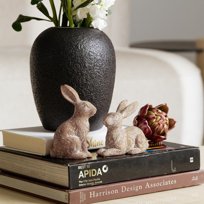 Set of 2 Easter Bunny Figures Made of Resin, Brown