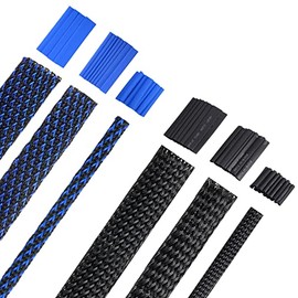 Xuniea 6 Rollos de 16 Pies Manguitos de Cable Trenzado de Telar de Alambre con 127 Tubos Termorretráctiles para Cable de Dispositivo (Negro y Azul, 1/2 Pulgadas, 1/4 Pulgadas, 3/8 Pulgadas)