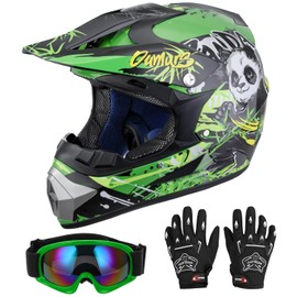 DOT Youth Dirt Bike Helmet with Goggles & Gloves for 5-14 Years Old, Kid ATV Helmets for Youth Boys Girls,Four Wheeler Helmet Kids,Motocross BMX MX UTV Offroad Street Go Kart Dirt Bike Panda