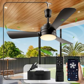 PBLALA Ceiling Fans with Lights,28" LED Fan Light Hanging with Hook,Hook Type Ceiling Fan,Plug in Ceiling Fan Light,35W,3000-6500k,Remote Control,Portable Fan for Camping Bed,Patios,(Black)