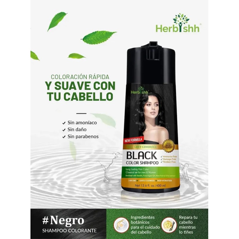 Shampoo Tinte Cubre Canas Negro Herbishh 400ml
