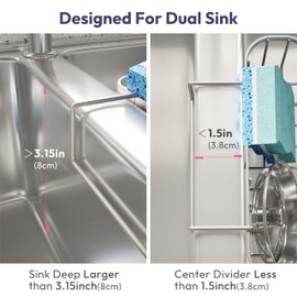 SWTYMIKI Sponge Holder for Kitchen Sink with Partition, Movable Kitchen Sink Caddy with Compact Size Rustproof and Waterproof Hanging Sponge Caddy for Double Bowl Sinks,Sand Nickel