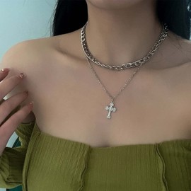 Yienate Punk Layered Cross Necklace Choker Gothic Chunky Cuban Chain Choker Cross Crucifix Pendant Necklace Silver Tone Religious Cross Pendant Necklace Charm Jewellery for Women