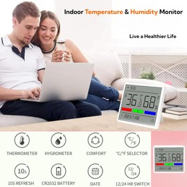 Digital Hygrometer Indoor Thermometer Humidity Meter with Time and Date Display, W.Sealet High Accuracy Room Thermometer Humidity Sensor with Large LCD Screen Display for House-White