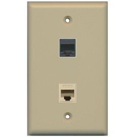 RiteAV - 1 RJ11 RJ12 Black Phone Port and 1 Cat6 Ethernet Port Wall Plate - Ivory - Bracket Included