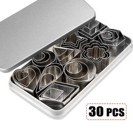 Mini Cookie Cutter Set - 30 Small Molds to Cut Out Polymer Clay, Pastry Dough, Pie Crust & Fruit - Metal Stamps Star Flower Hexagon Round Heart Square Triangle Oval Raindrop Geometric Shapes Cutter
