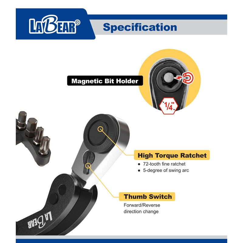 LABEAR - Golden Mini Folding Ratchet Screwdriver Set, 72-Tooth Reversible