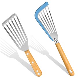 KLAQQED Fish Spatula Set for Nonstick Cookware Flexible Metal Fish Spatula Stainless Steel Small Fish Slotted Spatula Turner with Wood Handle