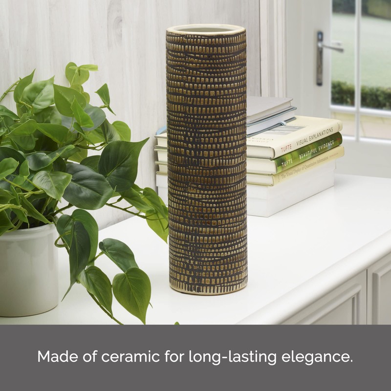 Elements 4.53x4.53x13.98 Inch Textured Ceramic Cylinder Vase, Black and White