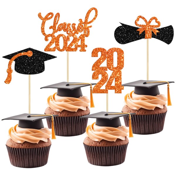 Paquete de 36 decoraciones para magdalenas con temática de graduación 2023 con purpurina clase de 2023 para diploma de graduación, para magdalenas, 2023, decoración para tartas, suministros de decoración para tartas, color naranja