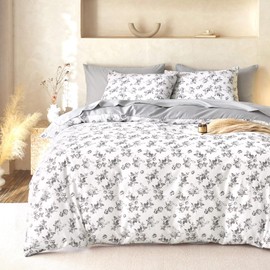 Wake In Cloud - Cottagecore Comforter Set, Floral Vintage Flower Shabby Chic Coquette Aesthetic for Women Teen Girls, Soft Lightweight Dorm Bedding, 3 Pieces, Dark Gray, Queen Size