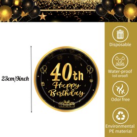 POPOYU 16pcs Black and Gold Paper Plates 40th, Happy Birthday Tableware 9 Inch, 40th Decorations for Men, Women, Him, Her Gifts Party Supplies