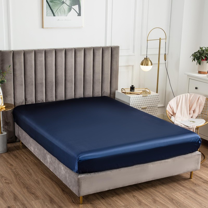 Morbuy Double Fitted Sheet Satin Silk Bed Sheets, Navy Blue