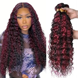Burgundy Human Hair Bundles Wine Red Deep Wave Human Hair Bundles 18 20 22 Inch Mixed Length 3 Bundles Two Tone #1B Black Mixed With # 99J Wine Red Bundles Hair Extensions