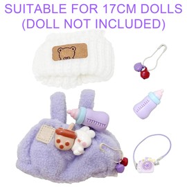 SSKHE 3 Pcs Outfit Set for 17cm Dolls, Includes Hat + Sweater + Camera Accessory, Cute Plush Clothing Accessories, No Doll Included, Suitable for 17cm Doll (Purple)