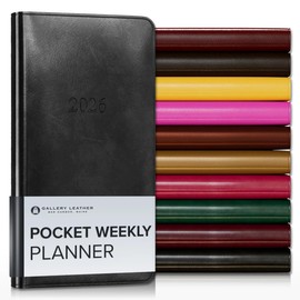 Gallery Leather Pocket Weekly Monthly Planner 2025-2026, Elegantly Bound Calendar Planner and Notebook with Stylish Gold-Gilded Page Edges, 12 Months - Acadia Black - 6 x 3.25 "