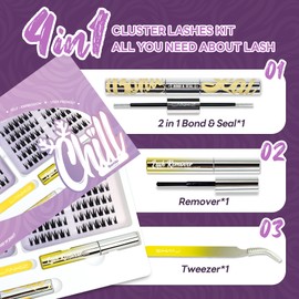 Cluster Lashes Kit，Lankiz Biomimetic Individual Eyelashes KIT with Lash Bond Seal and Remover Lashes Wispy C Curl Reusable Lash Extensions 140PCS DIY Waterproof(Bambii)