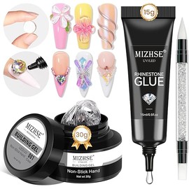 MIZHSE 30g Solid Builder Gel for Nails and 15g Rhinestone Glue, Clear Hard Nail Builder Gel 3D Sculpting Gels Non-Sticky U V LED Nails Charm Glue 3D Art Salon Home DIY