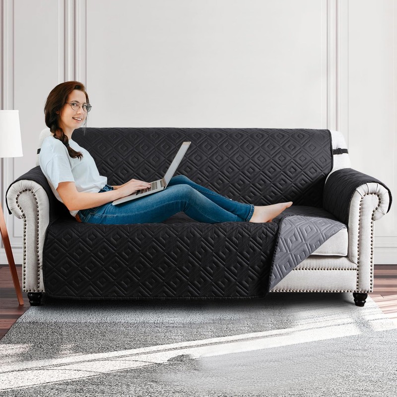 Hafaa Sofa Cover 1 Seater Water Resistant Sofa Slipcovers, Black/Dark