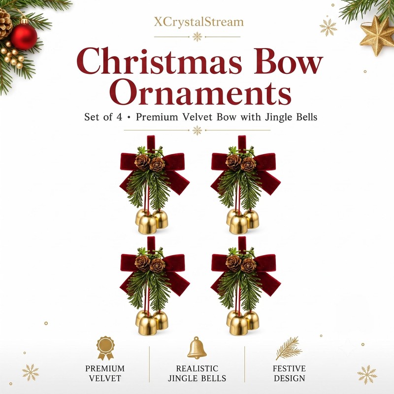 4 Pack Christmas Bow Ornaments with Jingle Bells, Pine Cone
