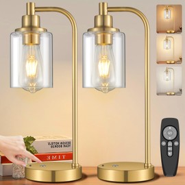 2 Pack Cordless Table Lamp Rechargeable, 8000mAh Battery Operated Desk Lamp with Remote Control, Dimmable Touch Bedside Lamps with Glass Shade, Portable Night Light for Dining Room, Bedroom, Gold