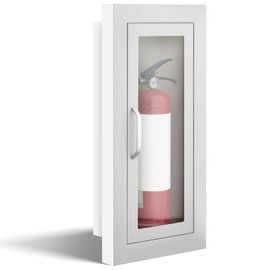 Zonon 1 Pcs Semi Recessed Fire Extinguisher Cabinet Box Steel Recessed Wall Cabinet, Magnetic Door with Handle, Acrylic Window, 2.5 Inch Trim, for 2.5/5/10 lb Dry Chemical Fire Extinguisher (White)