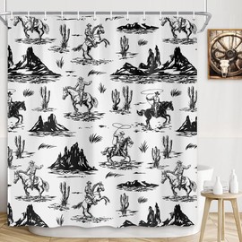 Dongbei Western Cowboy Shower Curtain with Cactus Landscape, American Wild West Cowboy on Horse in Desert Bath Curtain Farmhouse Country Southwestern Theme Bathroom Decor Set with Hooks 70X70IN Black