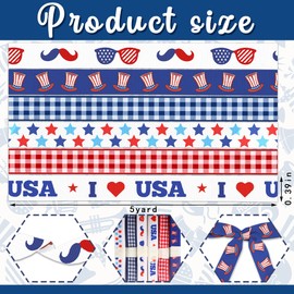 Hying 6 Rolls Patriotic Ribbon for Wrapping Gifts, Grosgrain 4th of July Ribbons for Gift Wrapping Decor DIY, 3/8" X 25 Yards Blue Red Star Independence Day Ribbon for Patriotic Decor Party Supplies