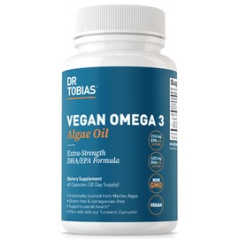 Dr. Tobias Vegan Omega 3 Supplement, 1400mg Algae Oil, 420mg DHA, and 210mg EPA per Serving, Non-GMO, Gluten-Free, Carrageenan-Free, 60 Capsules, 30 Servings