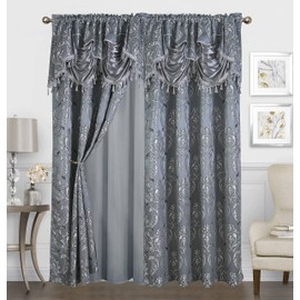 Traditional Jacquard Curtain Drape Set 2-Panels 63-Inch Length, Includes Attached Valance, Sheer Backing, 2 Tassels, Damask Floral Pattern Drape for Living and Dining Rooms, DL647-63, Gray