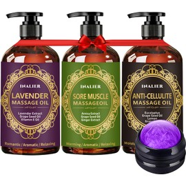 Massage Oil for Massage Therapy,3 Pack Cellulite,Sore Muscle & Lavender Massage Body Oil & Ginger Oil Lymphatic Drainage with Massage Ball,Christmas Gifts for Him/Her,Stocking Stuffers for Men/Women