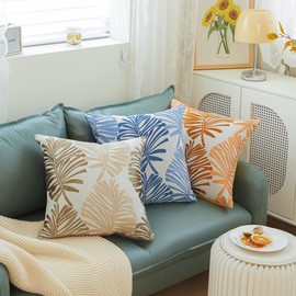 YunJeude Cushion Cover 17.7 x 17.7 inches (45 x 45 cm), Nordic, Set of 2, Cotton and Linen, Stylish, Cute, Leaf Pattern, Jacquard Weave, Zipper, Simple, Natural, Modern, Home Decor (45x45, Royal Blue)