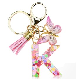 Xqiang Cute Alphabet Keychain for Women, Letter Butterfly Car Key Accessories, Pink Bag Charms Pendant for Purse, Bag, Handbag (K)