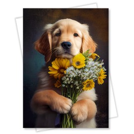 Golden Retriever with Flowers All Occasions Greeting Card - Dog with Flowers from Unique Dogs Party Delights Collection - Large 5x7 Inch - Blank Inside with White Envelope